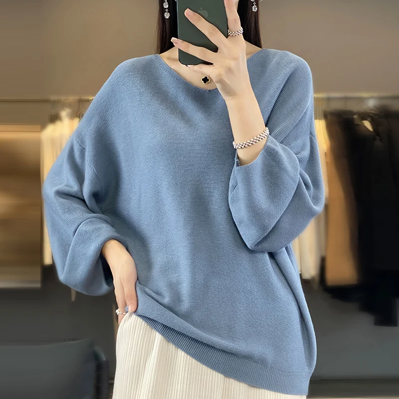 

Autumn Winter Women Wool Blend Sweater Shoulder Drop V-neck Pullover Casual Knitted Loose Tops Female Soft Basis Sweater