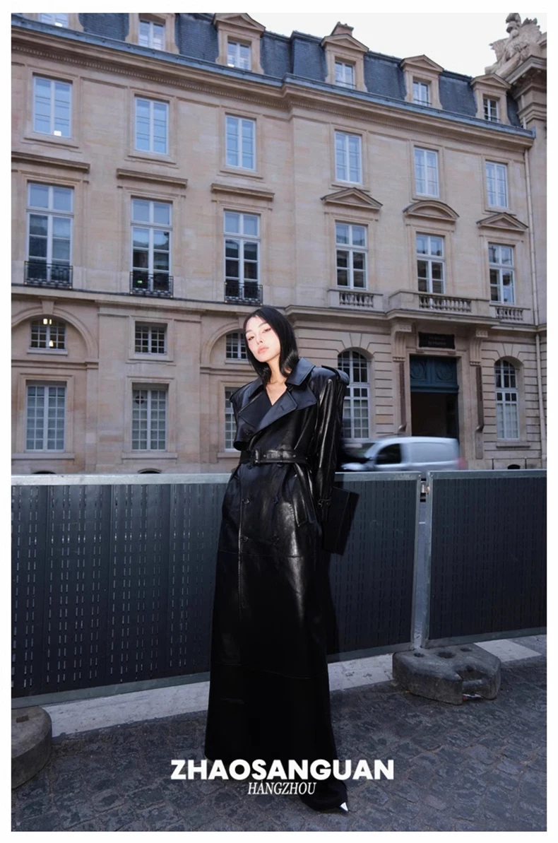 Lautaro Spring Autumn Cool Extra Long Black Loose Pu Leather Trench Coat for Women with Shoulder Pads Belt European Fashion 2024