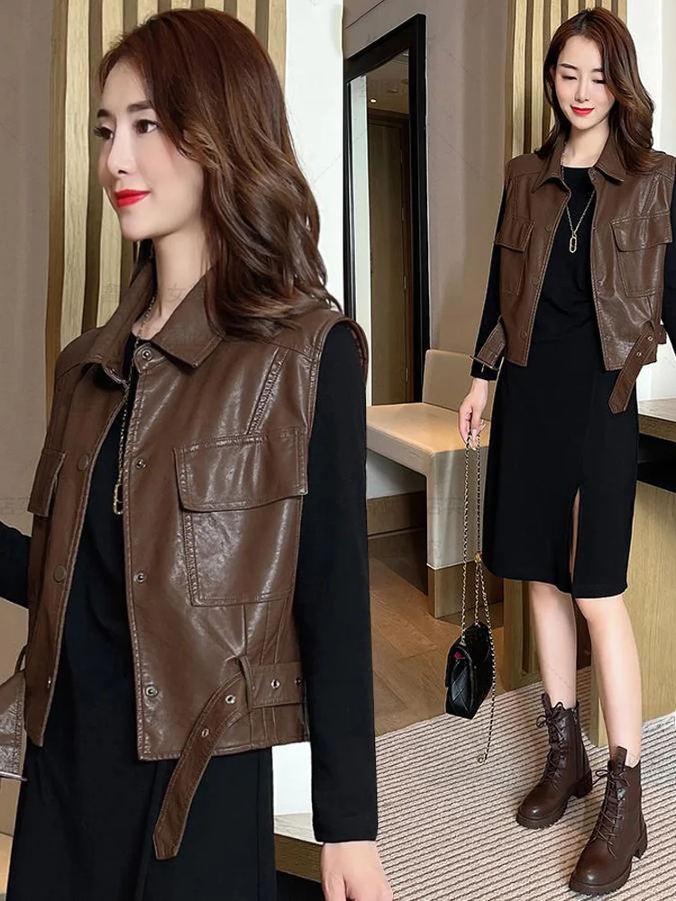 레트로 홍콩 스타일 여성용 PU 가죽 조끼 패셔너블한 슬림 다용도 버튼업 레귤러 길이 단색