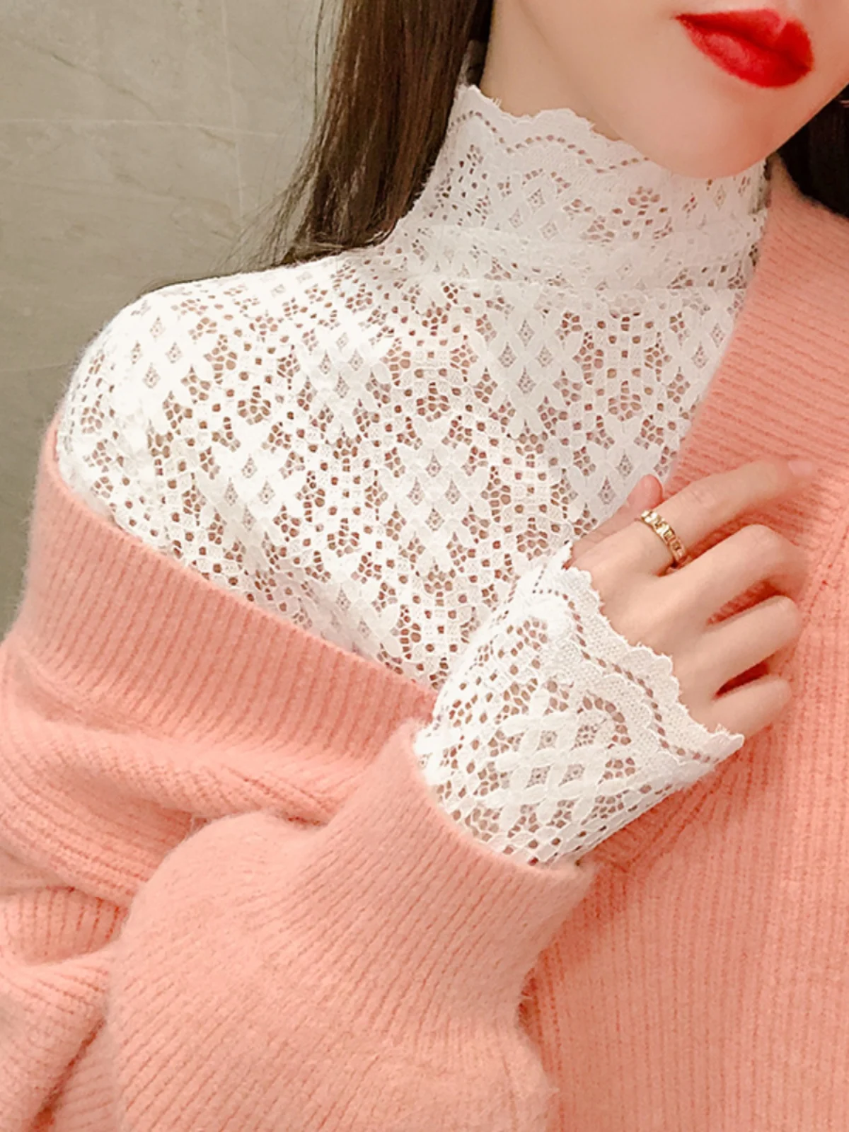 

Ele High Collar Long Sve Lace Base irt Women's Autumn Winter Me Small irt Knitwear Inner Wear Premium Quali