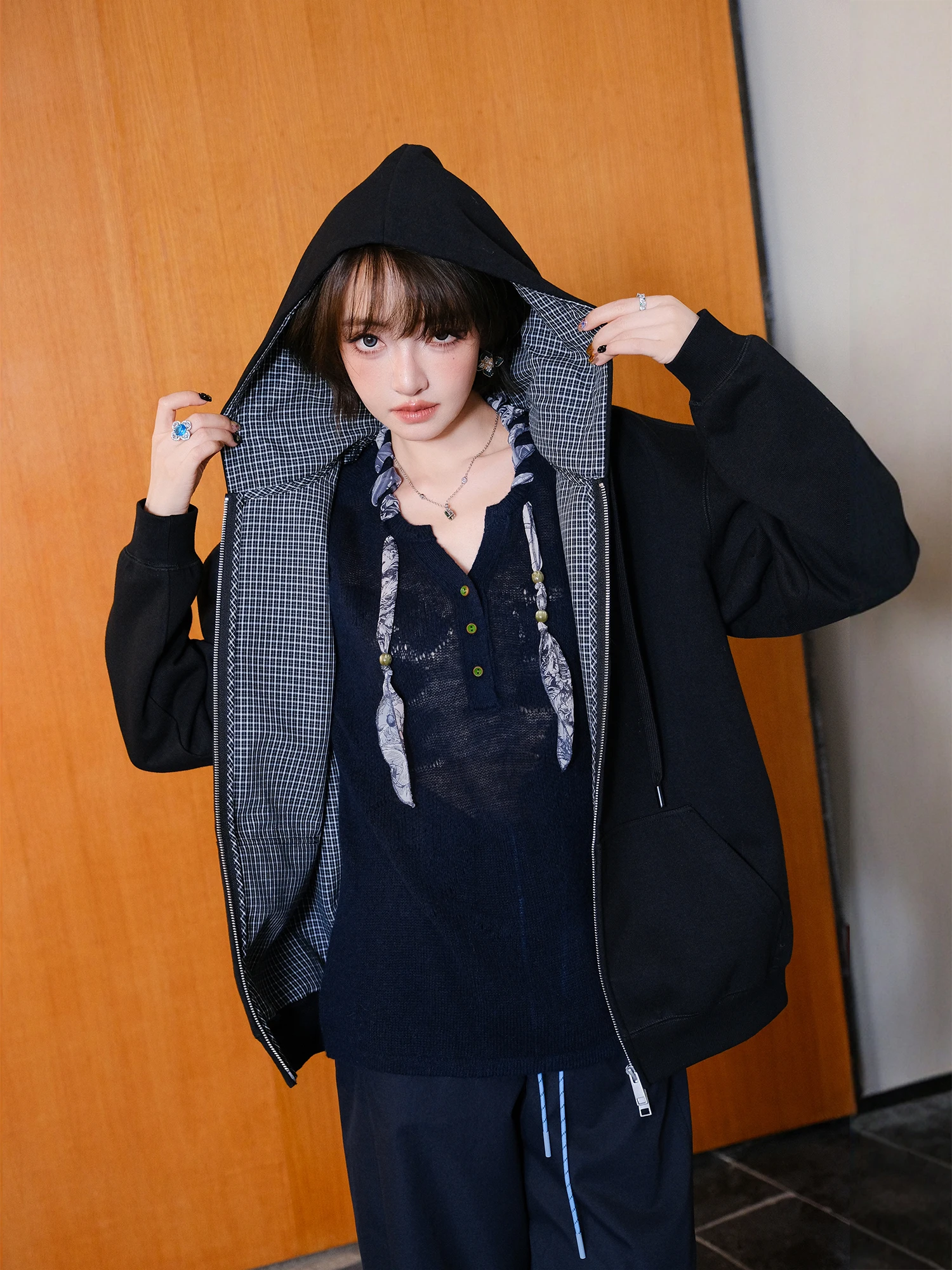 

MIUCO Textured Air Cotton Hooded Jaet Women's Casual Sle Long Sve Coat with Zipper Loose Fit Autumn Outerwear