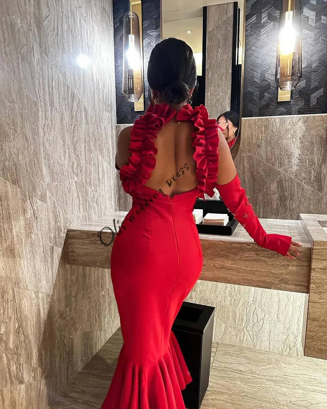 customized  Elegant Mermaid Prom Dresses High Neck Sleeveless Pleated Beadings Ankle Length Red Party Dresses Evening Dresses