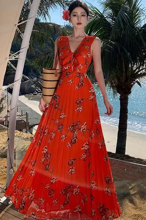 2025 verão francês flor vermelha impressão chiffon férias vestido longo feminino decote em v sem mangas babados sexy sem costas boho plissado robe