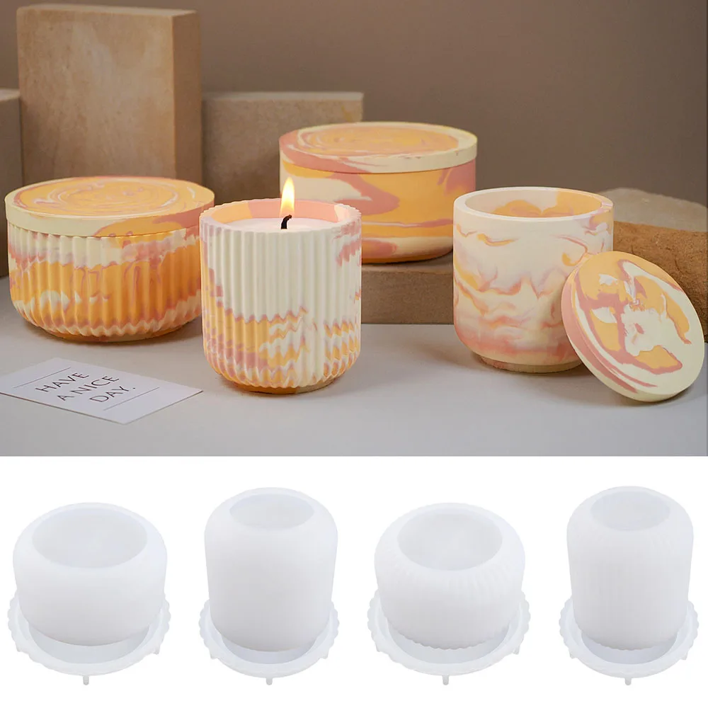 Round Stripe Candle Jar Silicone Mold DIY Handmade Storage Box Pen Holder Plaster Cement Vase Crafts Casting Molds Home Decor