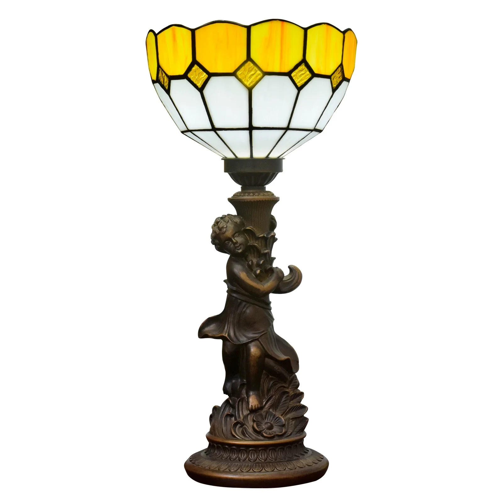 8inch 20cm Little Boy Base Vintage Yellow Mediterranean Stained Glass Lampshade Restaurant Desk Lamp Bedroom Bedside Table Lamp