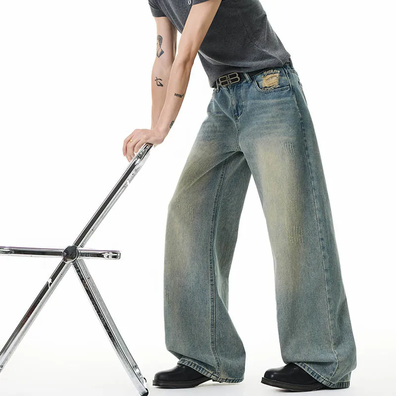 LUZHEN 2026 New Fashion Gradient Washed Wornout Vintage Style Straight Tube Jeans Men Handsome Wide Leg Male Denim Pants JY8320