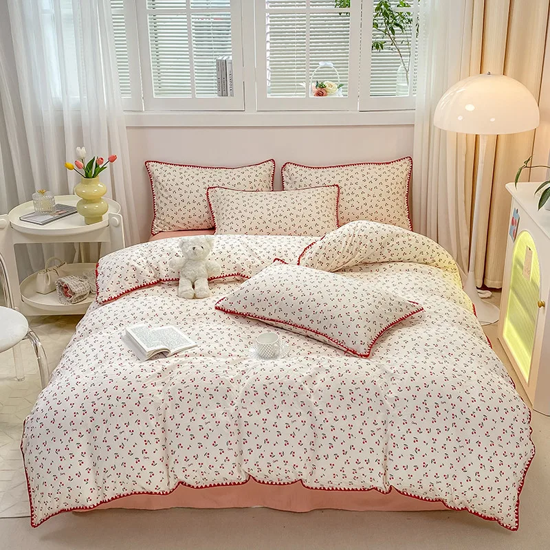 INS Girls Cherry Bedding Set Soft Washed Cotton Bed Sheet Queen King Size Simple Quilt Cover Pillowcase Bed Linens