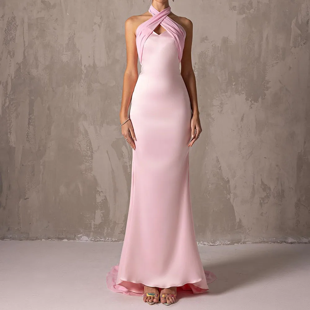 

Customized Elegant Satin Evening Dress High Quality Halter Straight Sleeveless Floor Length Court Train Special Occasion Gowns