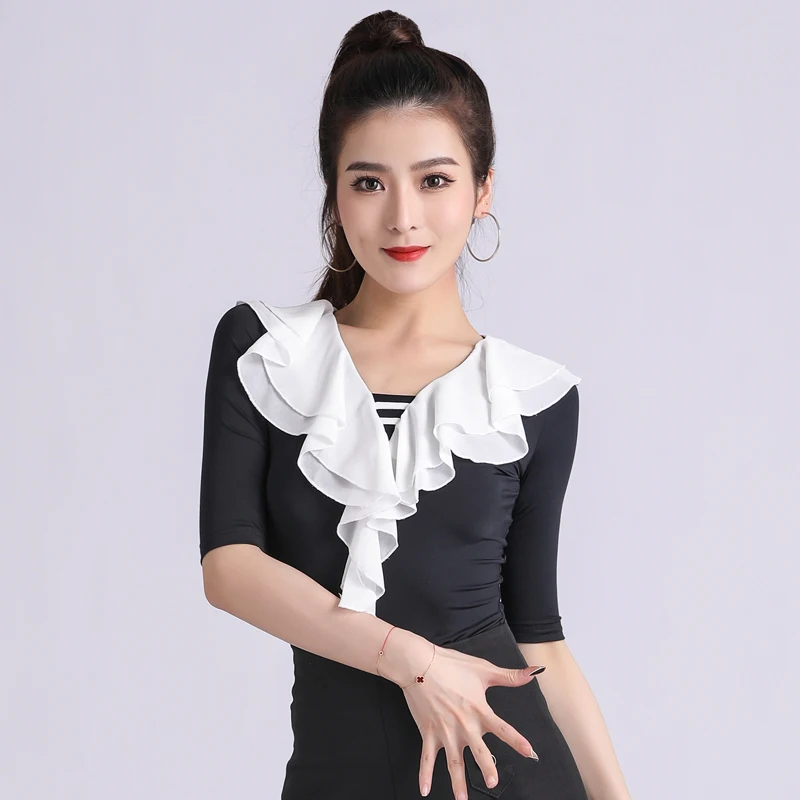 Latin dancer tops new clothing V-neck ruffles mid-sleeves practice dance clothes modern national standard dance performances