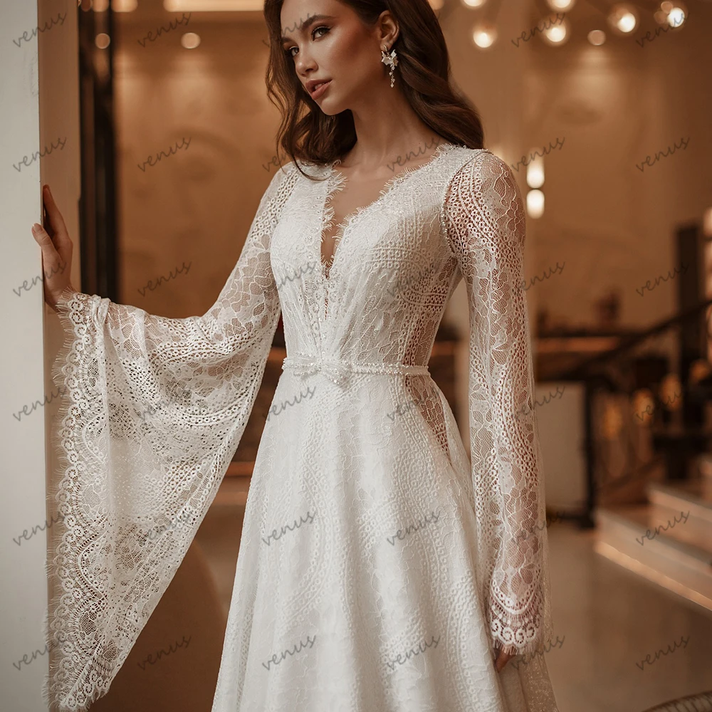 

Bohemia Wedding Dresses A Line Lace Bridal Gowns Flare Sleeveless Backless Robes For Formal Party Vestidos De Novia Customized