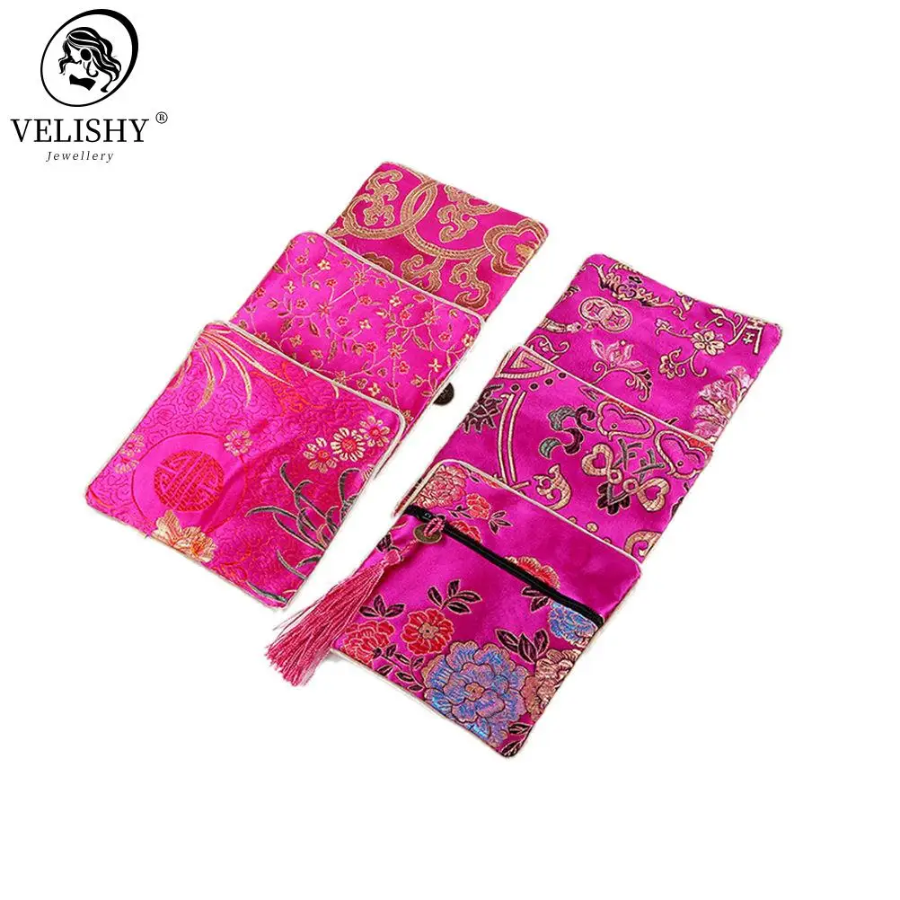 Chinese Brocade Handmade Silk Embroidery Padded Zipper Small Jewelry Gift Storage Pouch Bag Snap Case Satin Coin Purse