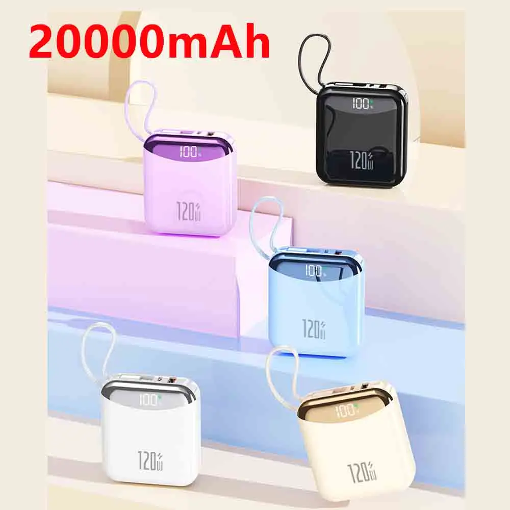 

Мини-банк питания емкостью 20000 мАч, 120 Вт, запасная батарея с быстрой зарядкой, встроенный 2 кабеля, внешний аккумулятор с подсветкой для IPhone Samsung Xiaom