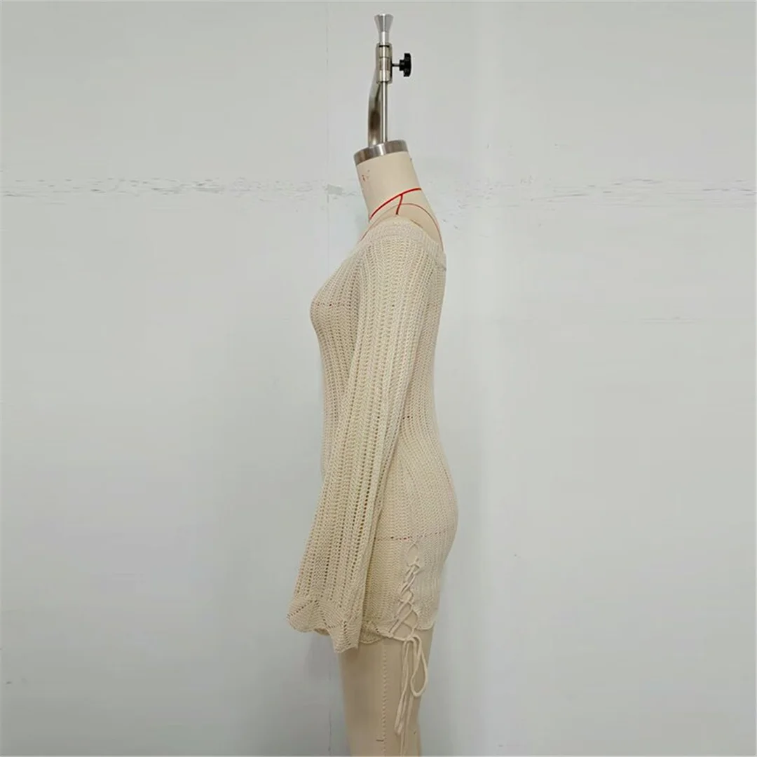 2026 Schulterfreies Langarm-Häkel-Tunika Strand-Überwurf Strandkleid Strandmode Damen V8513 – Detail 8