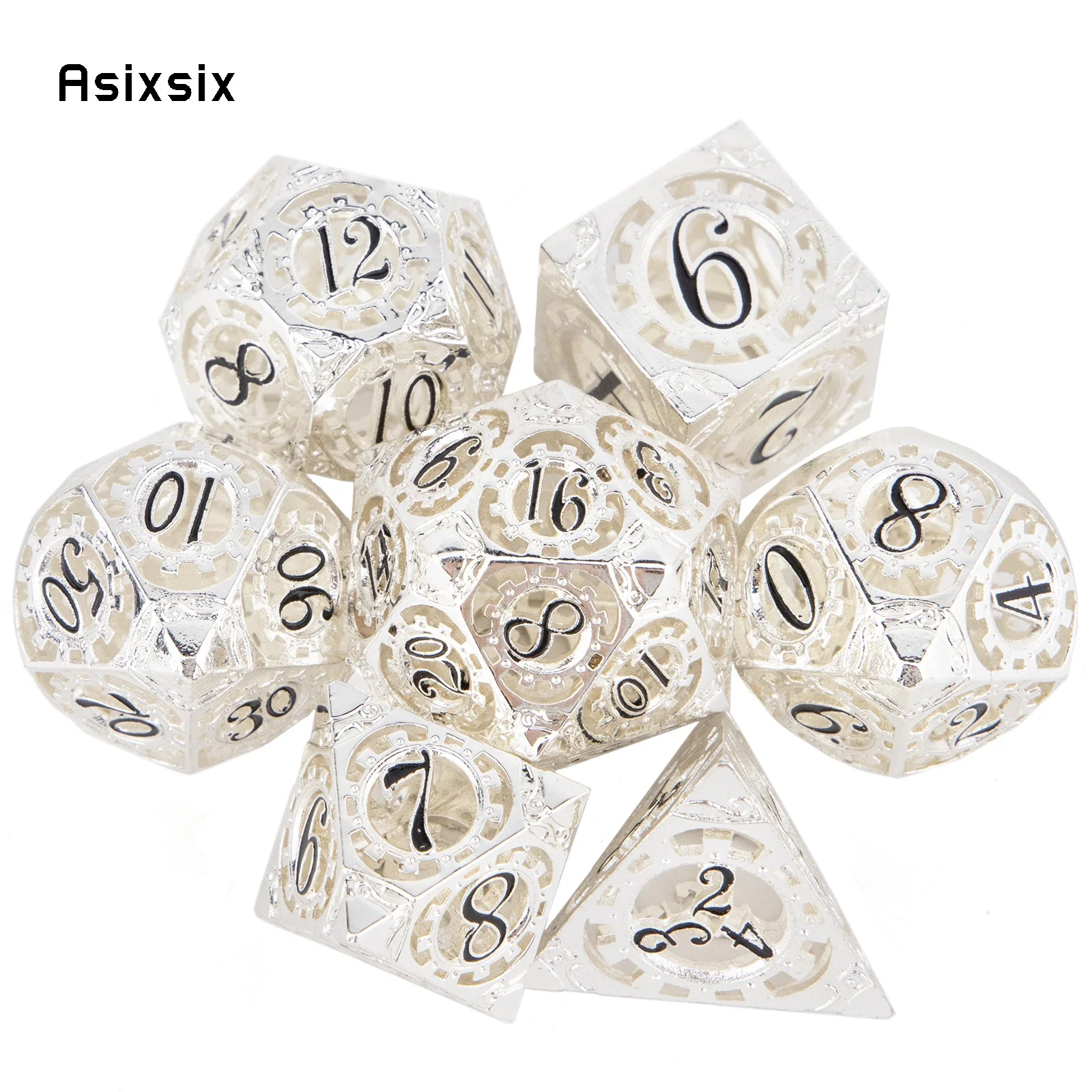 

7 Pcs White Black Gear Wheel Metal Dice Hollow Metal Polyhedral Dice Set Suitable for Role-Playing RPG Board Game Gift