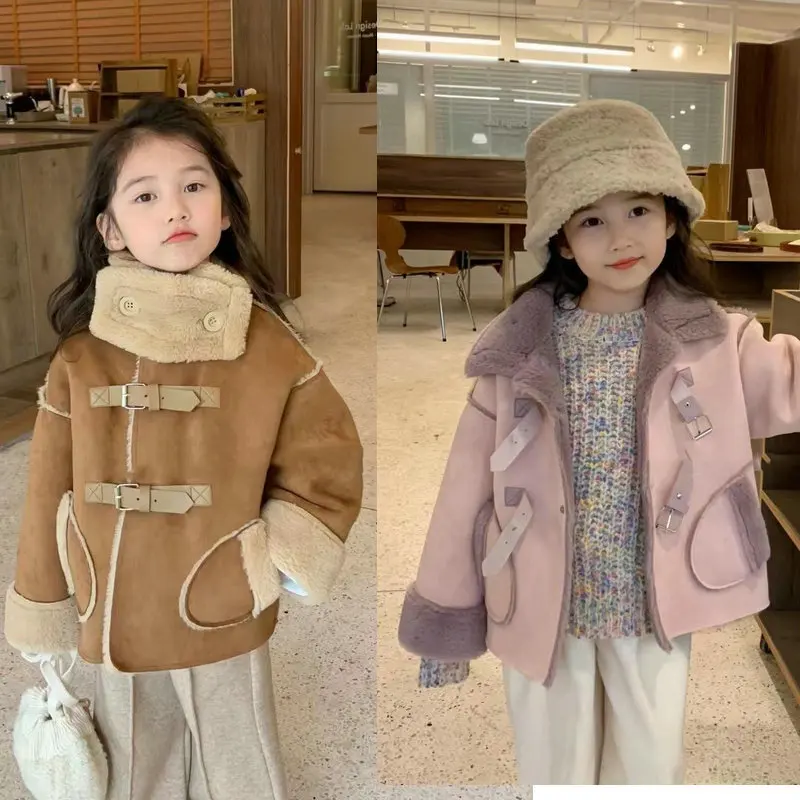 RAISE Winter Children Girls Suede Jackets Vintage Turtleneck Toddler Kids Girls Integrated Outerwear Thick Warm Babys Girls Coat