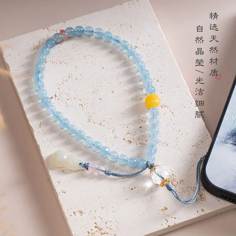 Mobile Phone Strap Natural Ice Sea Blue Treasure Short Beaded Mobile Phone Chain High-end Exquisite Female Wrist Strap Pendant