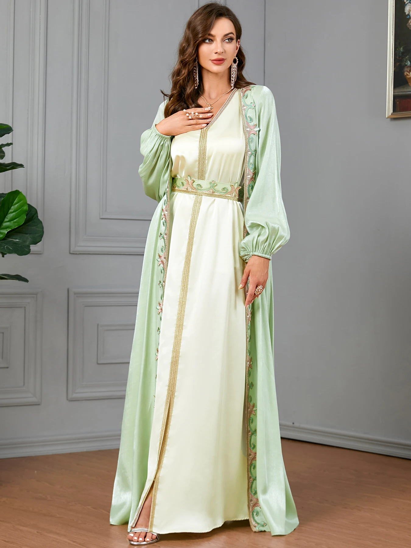 Elegant Muslin 2  Piece Abaya Set for Women Dress Maxi A-line Party Dresses Kimono Saudi Arabic Dubai Kaftan Morocco Kaftan 2023