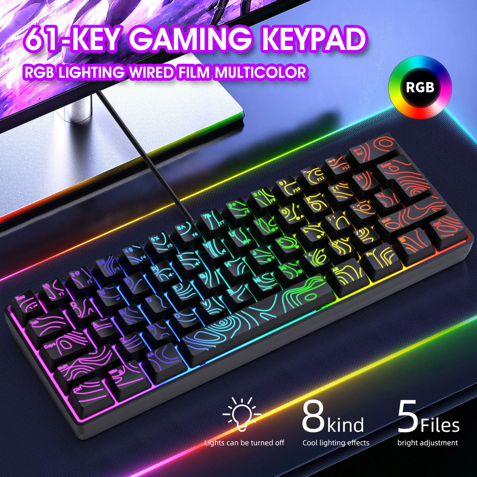 

Проводная механическая игровая клавиатура 60% форм-фактора, 61 клавиша, RGB-подсветка, эргономичный дизайн для ПК