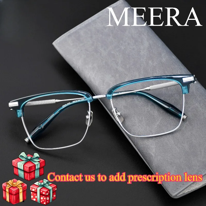 

meinong Retro Square Lack Blue Silver Titanium&Acetate Eyeglass Frames Stylish Lightweight for Daily Commute Office Casual Wear