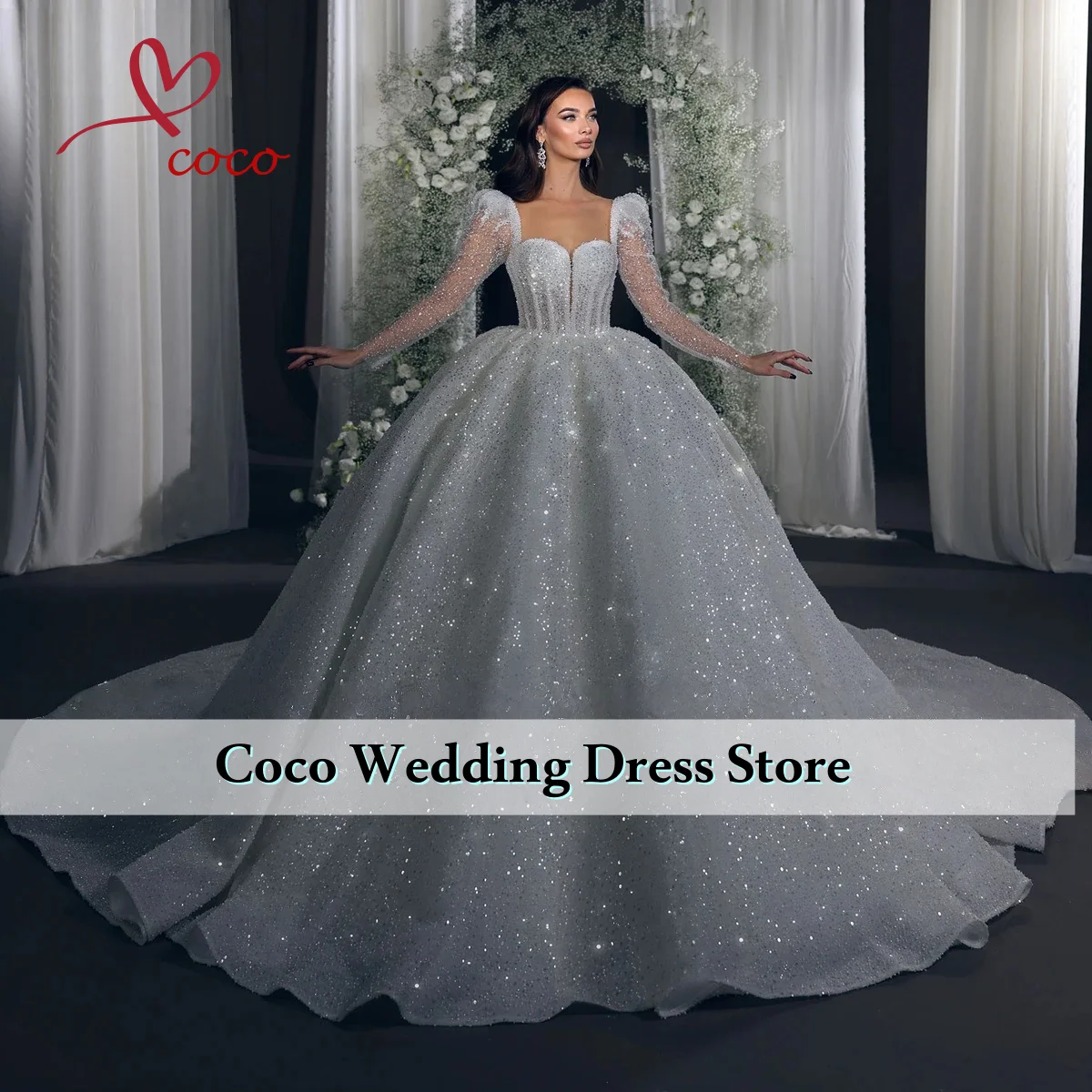 

Великолепное кружевное бальное платье в форме сердца по индивидуальному заказу, свадебные платья, расшитое бисером, жемчугом и кристаллами, с длинными рукавами, свадебные платья принцессы