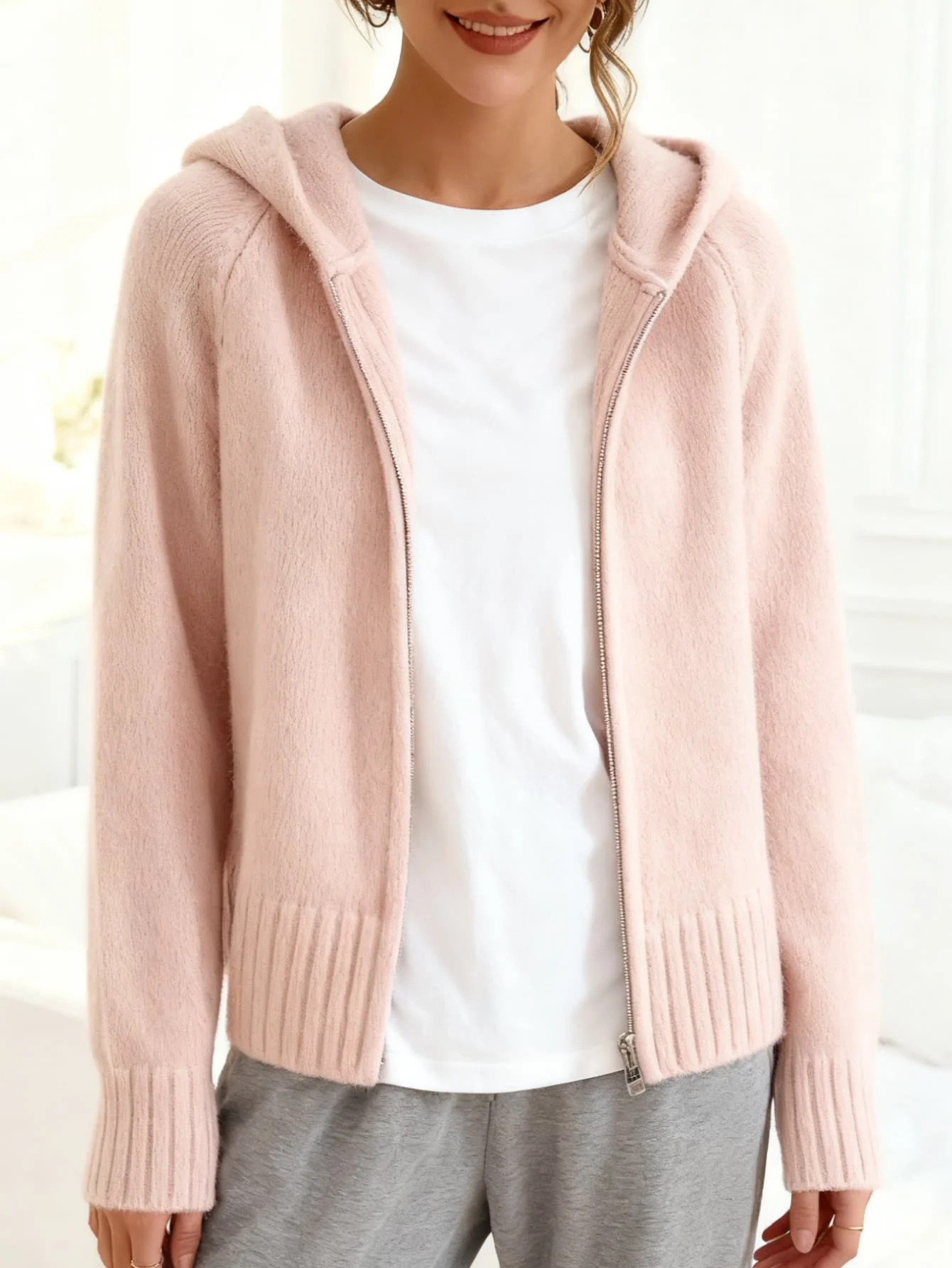 Herbst- und Wintermode, Doppelreißverschluss, Kapuze, Strickjacke, mehrfarbiger Pullover mit Taschen, langärmeliger Damenpullover