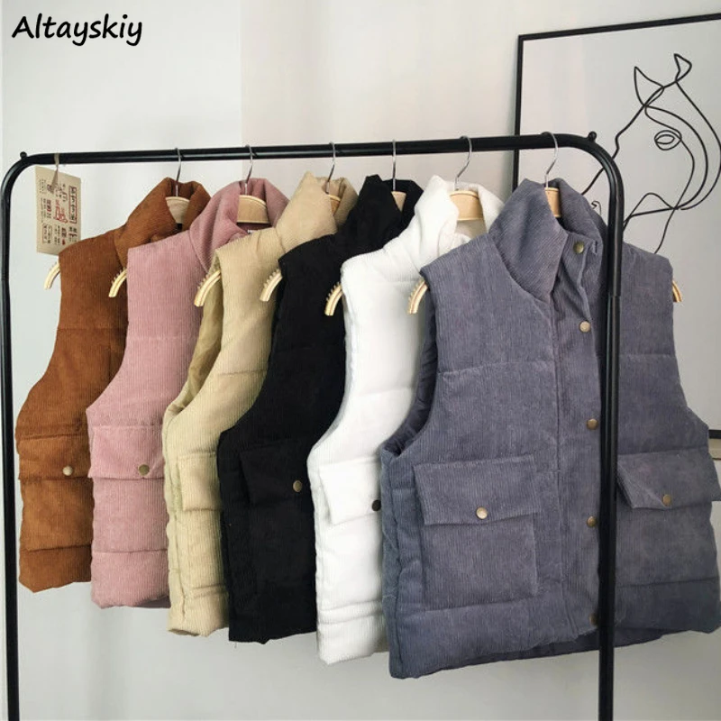 Vests Women Corduroy Crop Students Sweet Winter Gentle Basic Stand Collar  Korean Style Pockets Design Harajuku Vintage