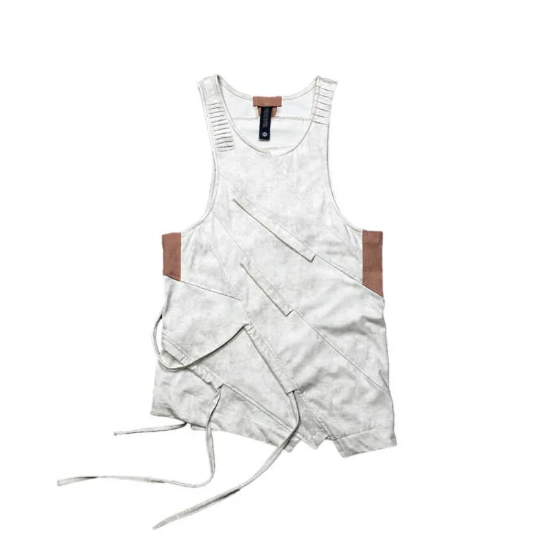 HKSH Waste Land Deconstructed Asymmetric Tan Tops Cotton Vest Waxed Dyed Worn Out Water Washing Tassel Sleeveless T-shirt HK1627