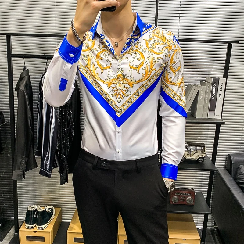 Luxury Gold Print Men Shirt Retro Long Sleeve Shirts Casual Slim Fit Tops Party NightClub Tuxedo Shirts Streetwear Chemise Homme