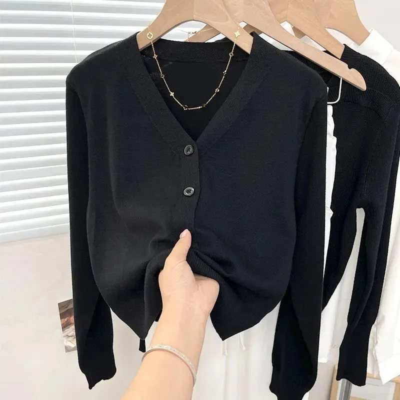 Xpqbb Knitting Cardigans Women 2024 Autumn New Casual V-neck Short Knitwear for Female Black Gray Single-breasted Cardigan Coat