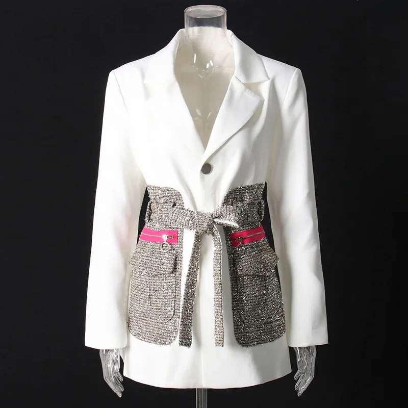 Blazer formel imbibé pour femme avec ceinture, manches longues, bouton unique, vêtements de travail d'affaires, veste de bureau pour femme, manteau femme, noir et blanc