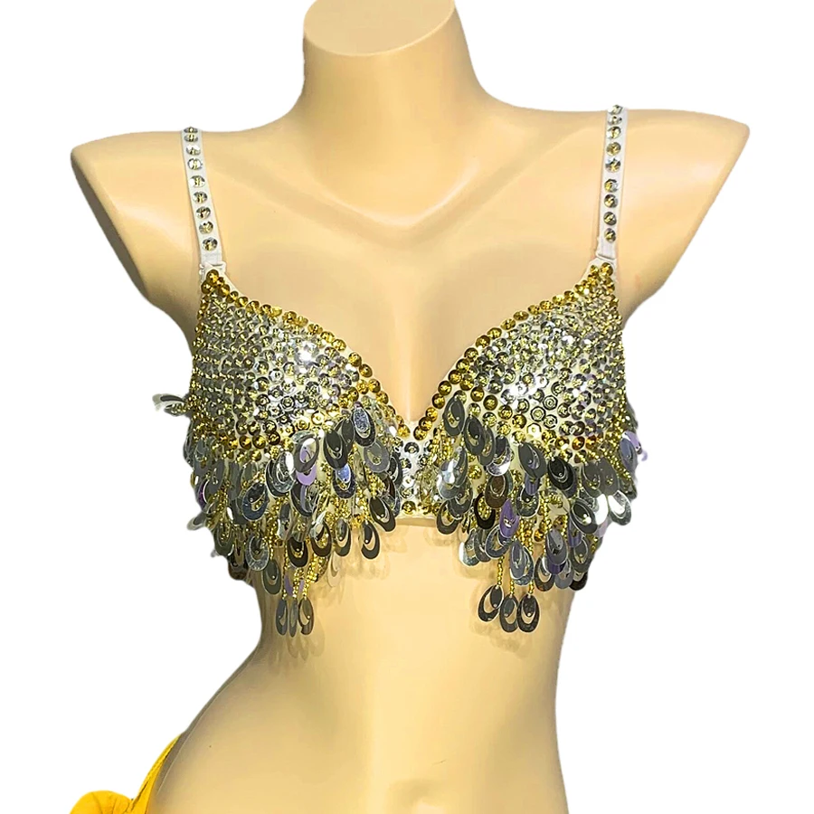 2022 New Beading Sequins Bra Belly Dancing Costume Top Bras For Womens Ladies Nightclub DJ Dancerwear Stage Performance Wear