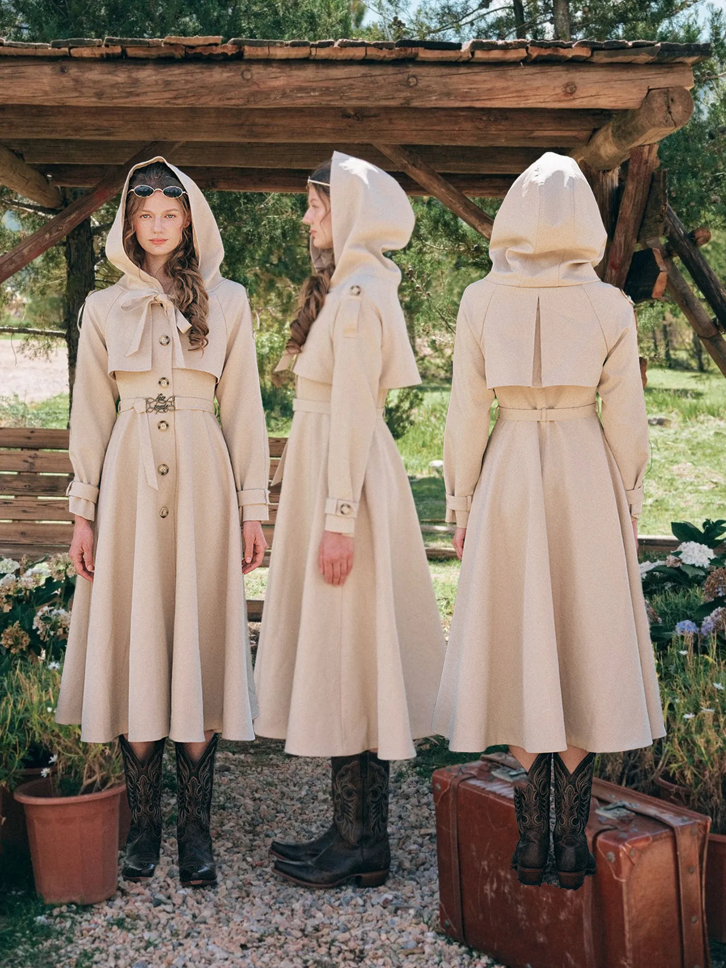 TIYIHAILEY Vintage Women Autumn Winter Full Sleeve Jacket Coat Outerwear Single Breasted Ladies  Hooded Trench Ladies Khaki
