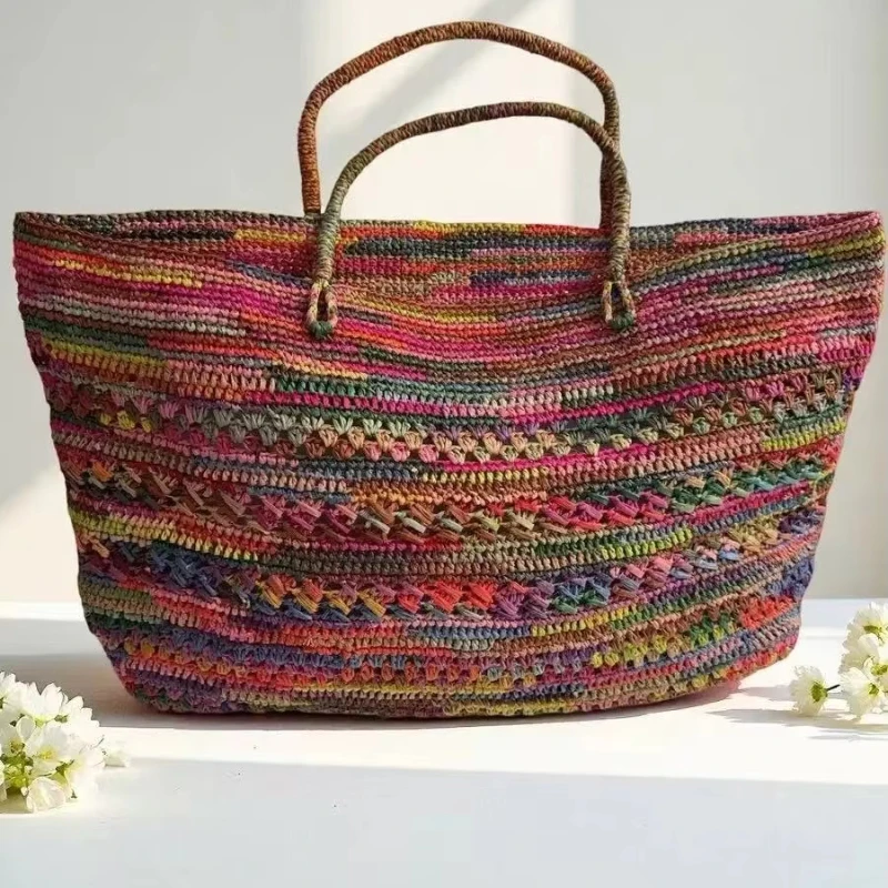 

Colorful Raffia Straw Woven Handbag,Women Luxury Rainbow Colorblock Large Capacity Bucket Tote Bag,Summer Beach Vacation Handbag
