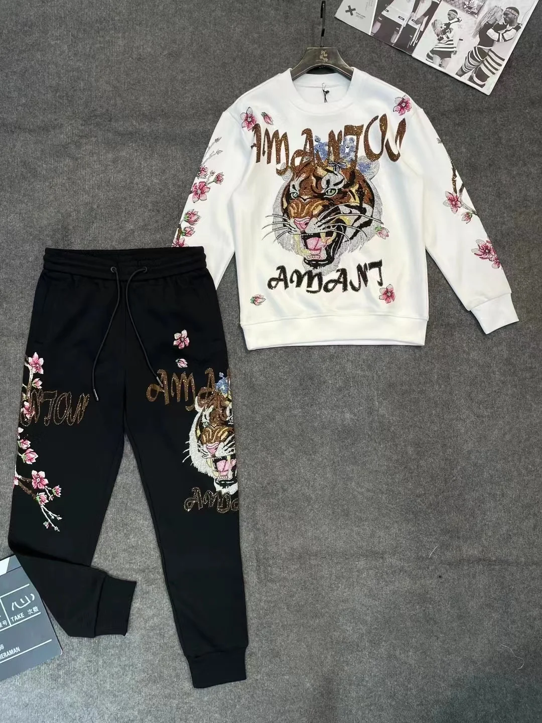 Autumn New Unisex Trendy Brand Heavy Embroidery Rhinestone Sweatshirt Cartoon Fashion Light Luxury Loose Casual Sweatshirt Set