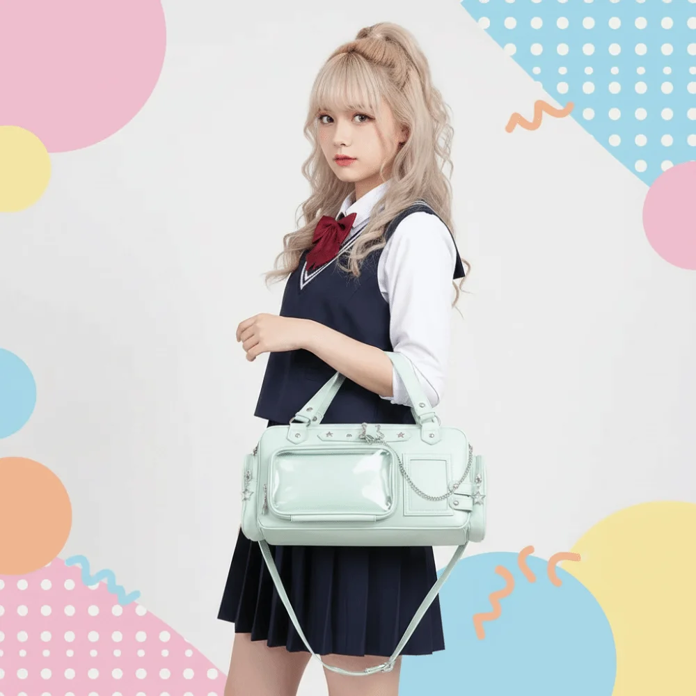 Multi Pocket Clear Ita Bag Glossy Surface with Removable Insert School Uniform Tote Star Eyelet Spacious Interior