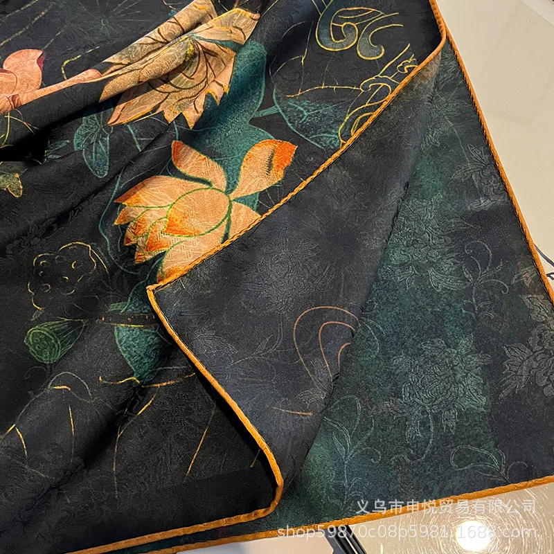 وشاح طويل راقِ على الطراز الصيني للنساء ، شاش سحابي عتيق ، طباعة زهرة لوتس ، شال مزدوج الوجهين اللون