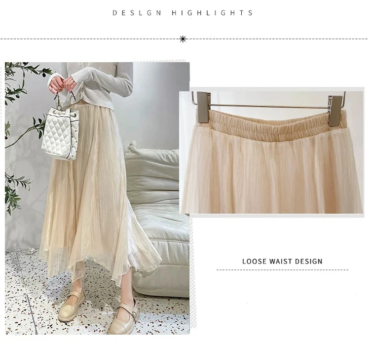 2025 Women’s Casual A-Line Skirt Elastic Waist Pleated Ruffles Asymmetrical Hem Flared Midi Skirt