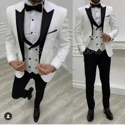 White Men Business Suits Wedding Suit Peak Lapel One Button Blazer Groom Tuxedos 3 Pcs Set Dress Jacket Vest Trousers