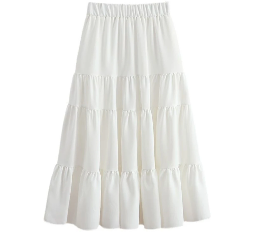 

White A-Line Midi Skirt Women's Spring Autumn 2025 New High Waist Umbrella Skirt Long Cake Skirt for Small Figures