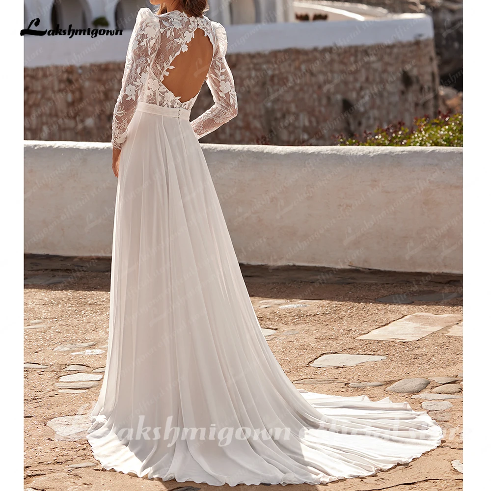 Lakshmigown Boho Zomer Strand Trouwjurk Lange Mouw Lange Chiffon Voorkant Split Goedkope Bohemian Bruid Jurken