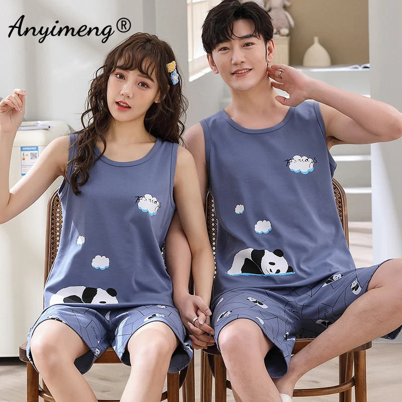 Couple Sleeveless Fashion Pajama Sets Cartoon Duck Printing Kawaii Sleepwear Young Men and Women's Homewear Student's Pijamas