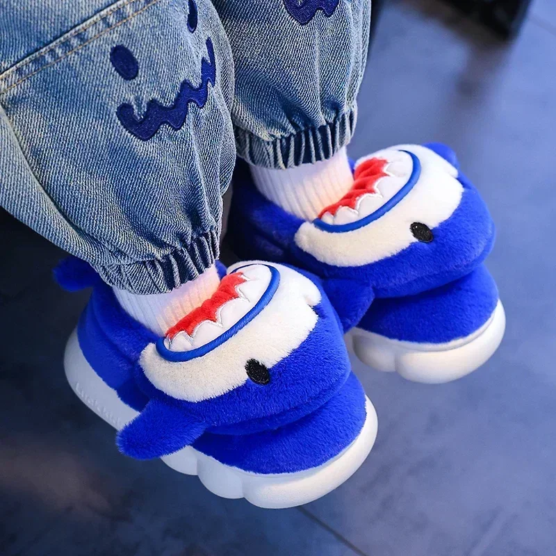 New Winter Children's Cute Cartoon Shark Non-slip Cover Heel Fluffy Slippers For Girls Boys Warm Home Kids Cotton-padded Shoes