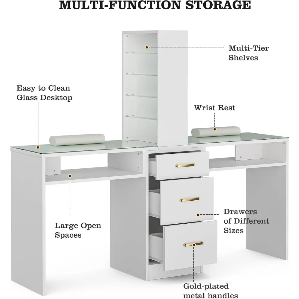 Double Manicure Table, Nail Desk for Nail Tech w/Glass Top & Wrist Rest, Nails Beauty Workstation w/3 Storage Drawers