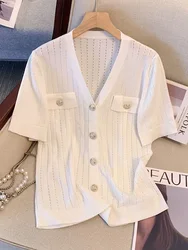 2024 Summer V-neck Bright Silk Knitted Cardigan Women Casual Short Sleeve Sweater Commuting Versatile Knitwear Tops T-shirt