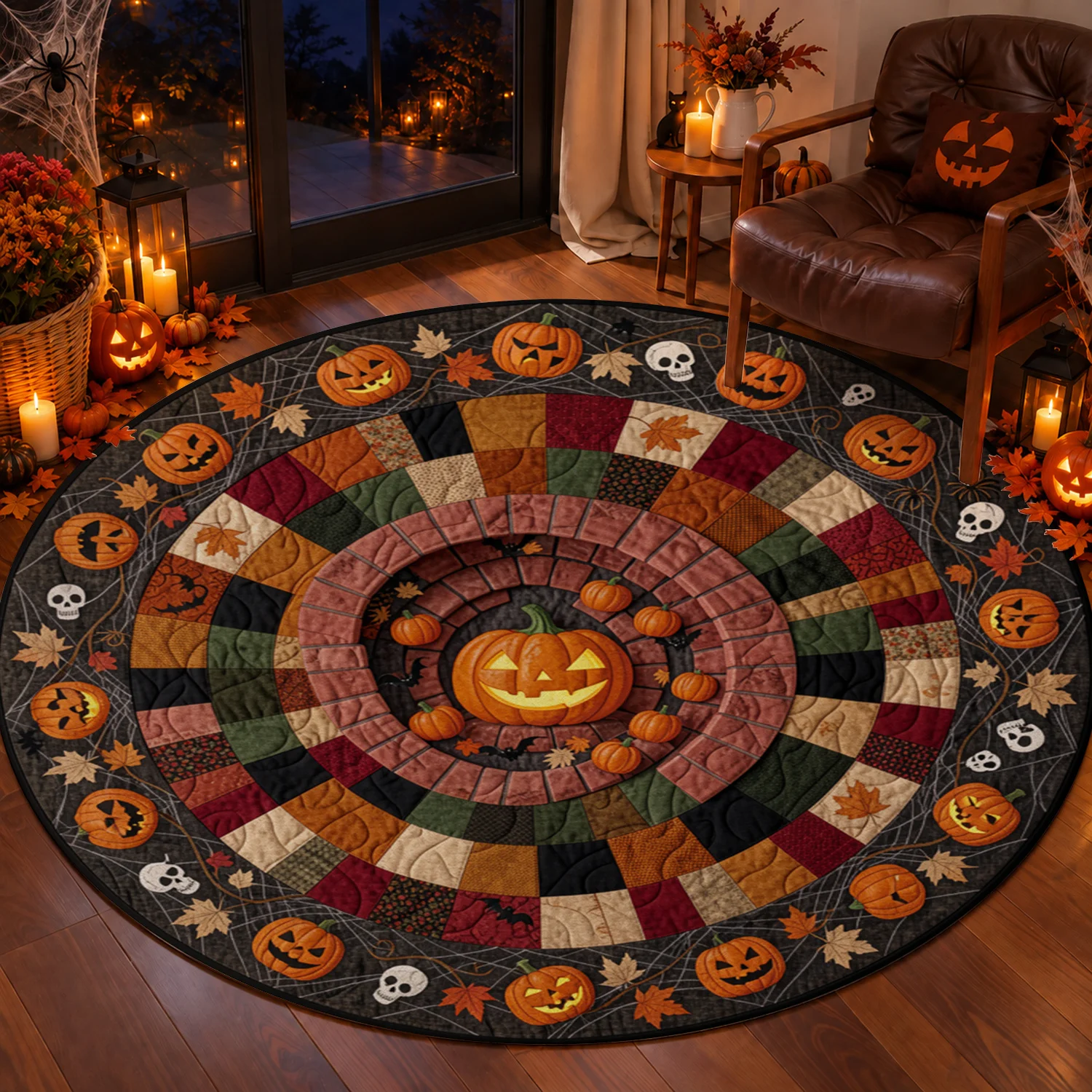 Quilted Jack O Lantern Skull Autumn Maple Round Velvet Mat Machine Washable Dining Table Centerpiece Living Room Accent Entryway Decor Halloween Thanksgiving Christmas New Year Black Friday
