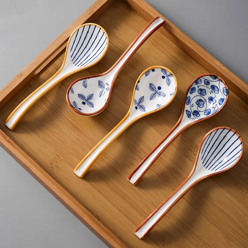 Japanese Exquisite Blue Pattern Ceramic Soup Spoon Long Handle Spoon Noodle Soup Dumpling Wonton Soup Rice Spoon Tableware