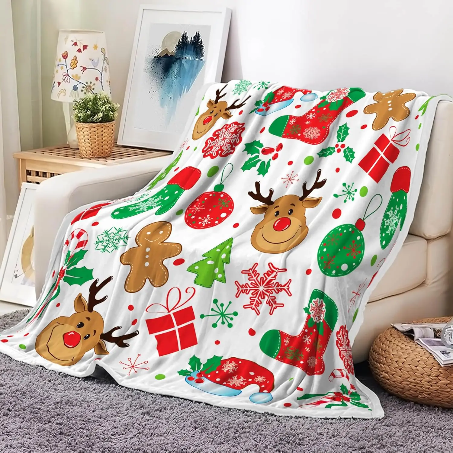 

White Cute Kids Christmas Throw Blanket, Funny Reindeer Snowflake Gingerbread Candy Snowflake HoliBlanket for Couch Bed, Warm