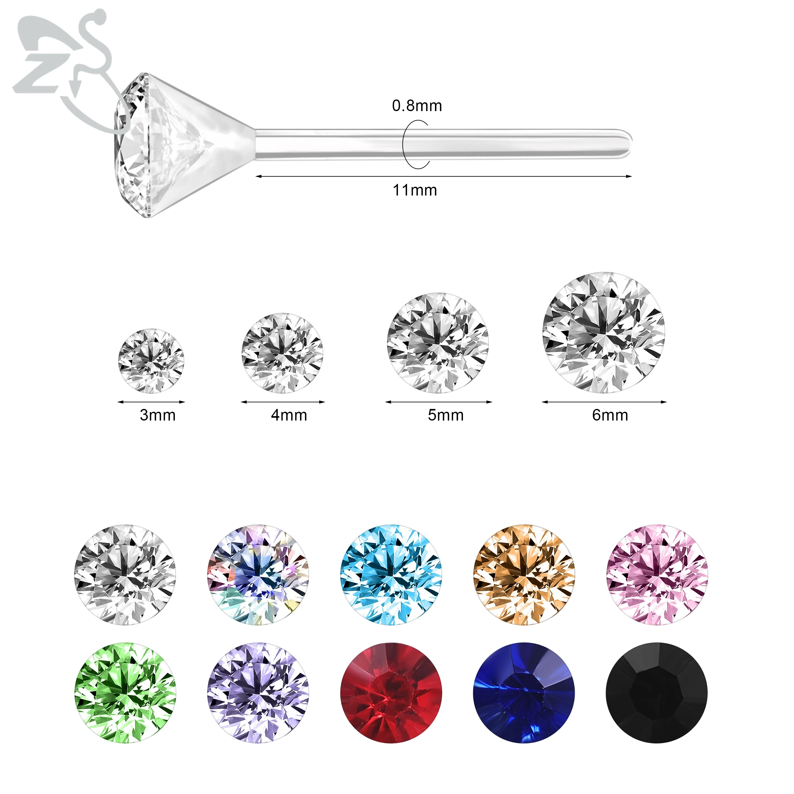 ZS 10/20 Pair Colorful Crystal Stud Earrings for Women Men 3/4/5/6mm Plastic Round Earrings Ear Helix Conch Cartilage Piercings