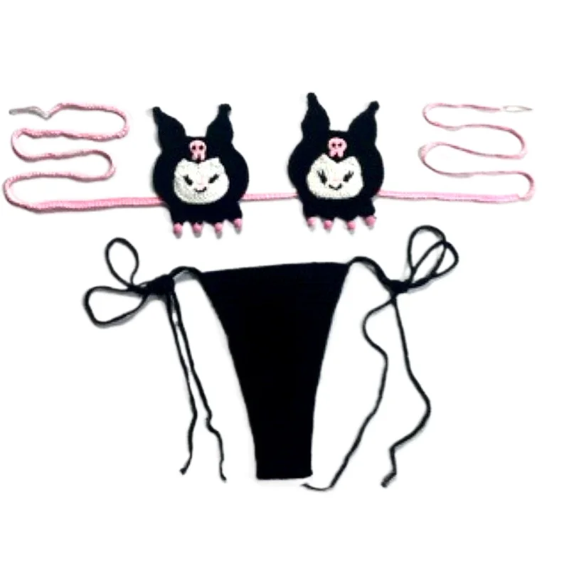 2 قطعة مجموعة البيكينيات الكروشيه اليدوية لطيف Kuromi سانريو الفتيات مثير ملابس السباحة الكرتون حزام المرأة بيكيني ثوب السباحة ملابس الشاطئ