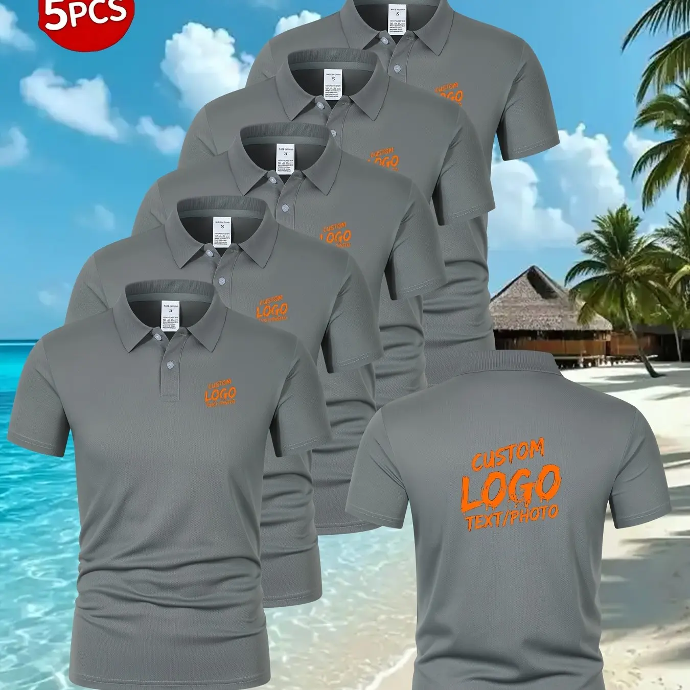 Set mit 5 personalisierbaren Sommer-Golfhemden für Herren, die mit Logos oder Text versehen werden können, ideal für Werbeaktionen im Geschäft und verschiedene Anlässe, Größe S. – Detail 2